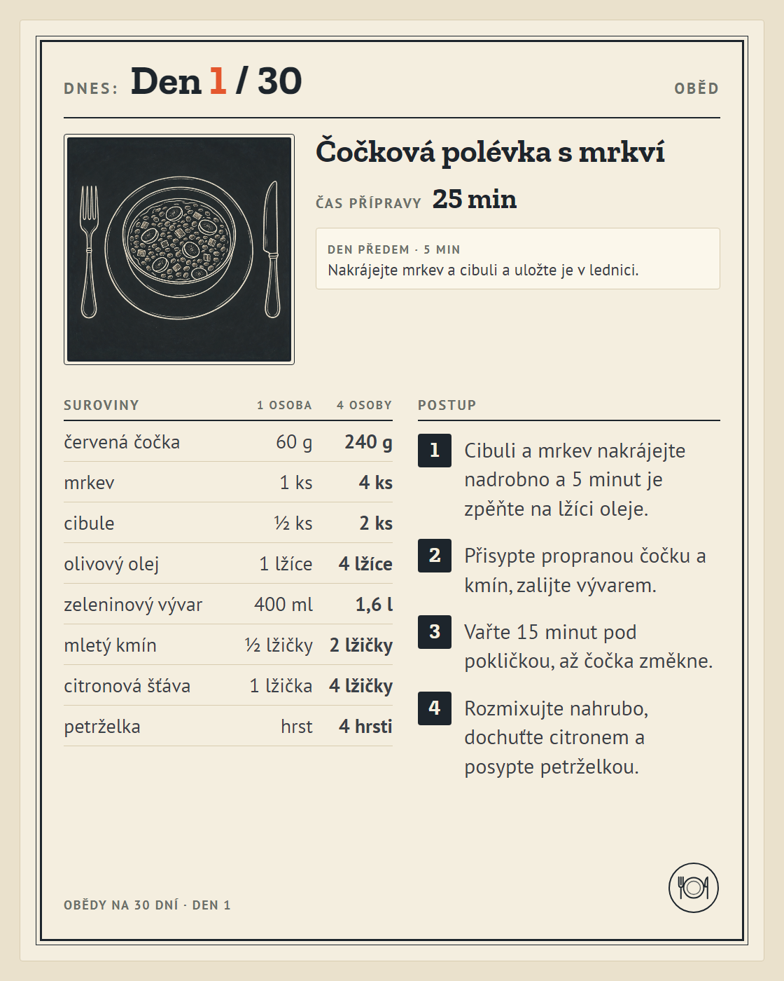 Oběd, den 1: čočková polévka s mrkví