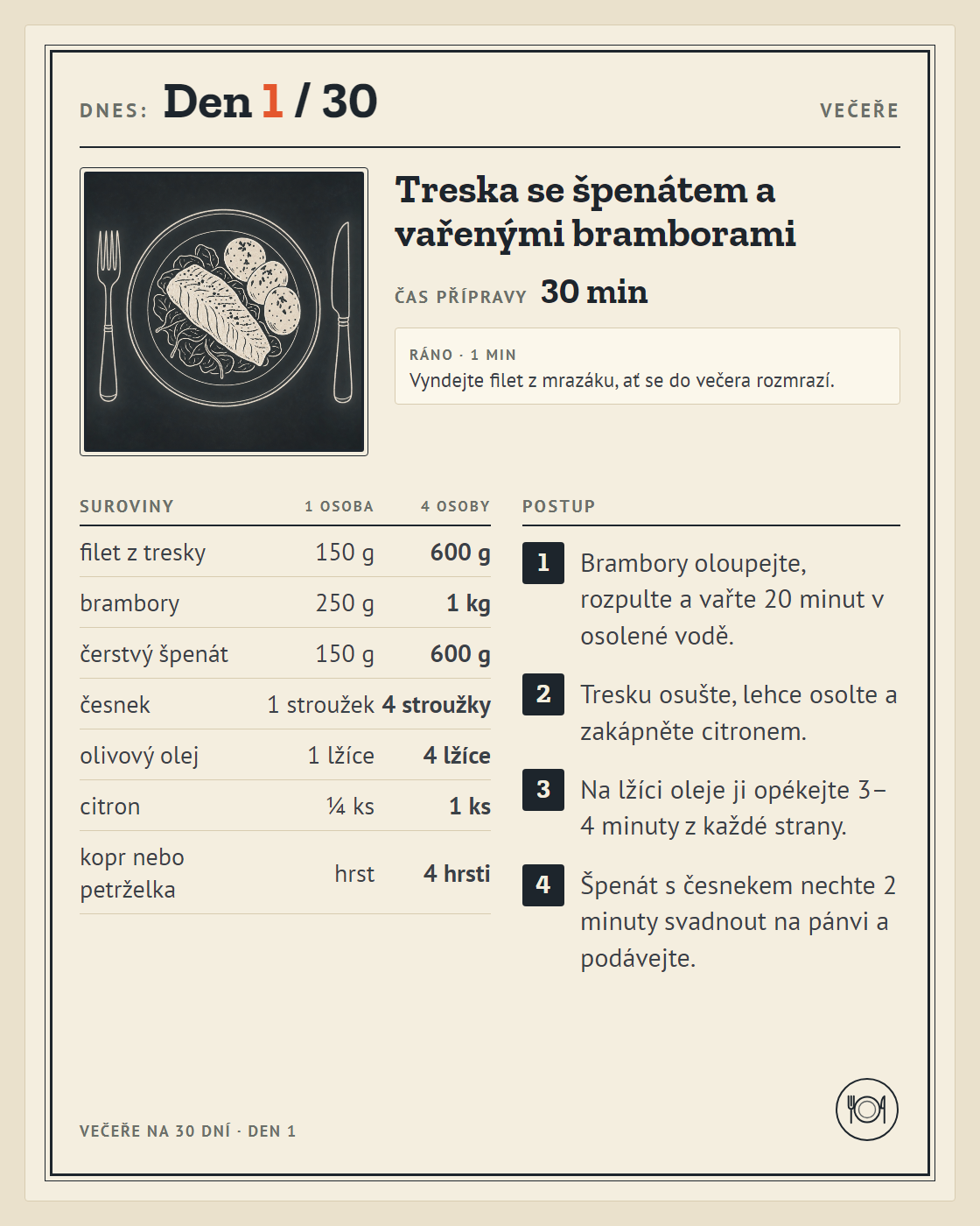 Večeře, den 1: treska se špenátem a vařenými bramborami
